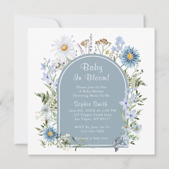 Dusty Blue Tea Party Baby In Bloom Baby Shower  Invitation (Front)