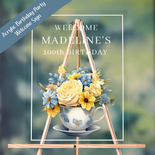 Dusty Blue Teacup Yellow Flowers  Acrylic Sign