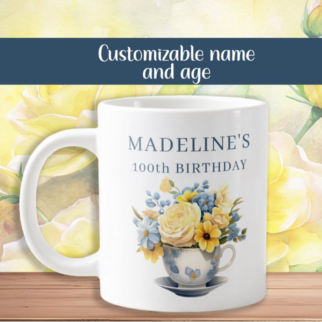 Dusty Blue Teacup Yellow Flowers  Large Coffee Mug (Dusty blue teacup and yellow floral 100th birthday party mug)