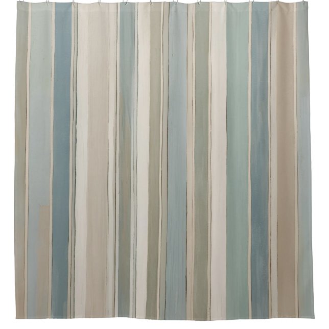 Dusty Blue Teal Sage Beige Stripe Shower Curtain (Front)