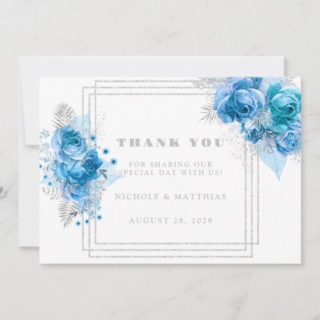 Dusty Blue Teal Silver Peony Thank You Cards (Front)