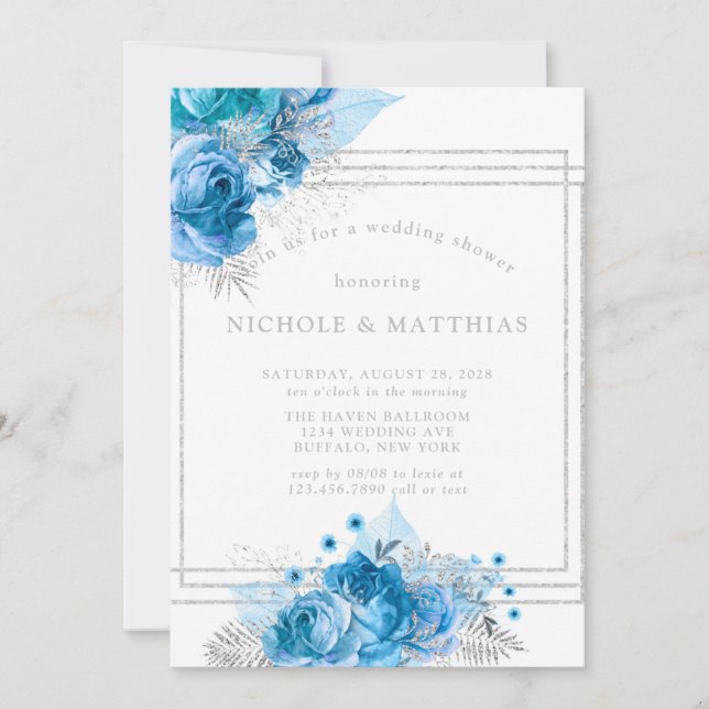 Dusty Blue Teal Silver Peony Wedding Shower Invitation (Front)