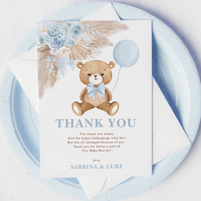 Dusty Blue Teddy Bear Balloon Boy Baby Shower Thank You Card (Creator Uploaded)