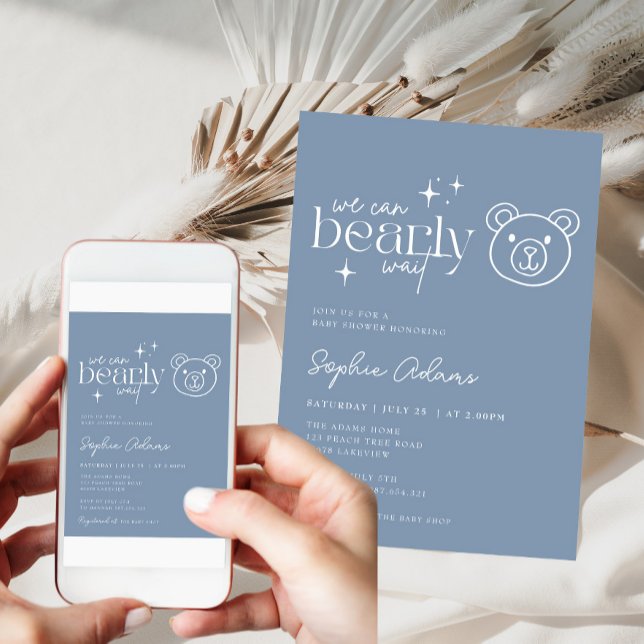 Dusty Blue Teddy Bear Can Bearly Wait Baby Shower Invitation (Creator Uploaded)