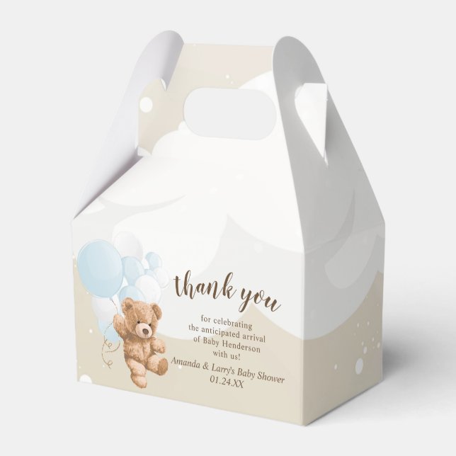 Dusty Blue Teddy Bear with Balloons Favour Box (Front Side)