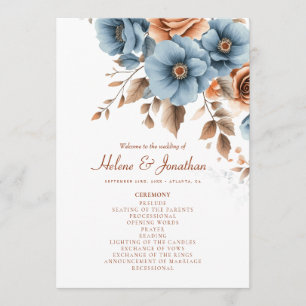Dusty Blue Terracotta Floral Boho Elegant Wedding Programme