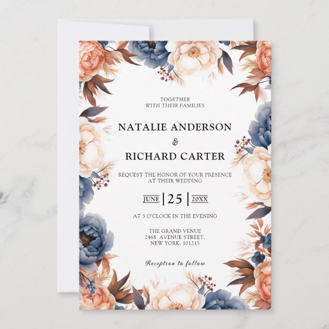 Dusty blue & Terracotta floral watercolor wedding  Invitation (Front)