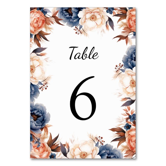Dusty blue & Terracotta floral watercolor wedding  Table Number (Front)
