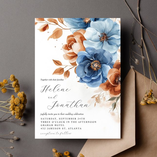 Dusty Blue Terracotta Rust Elegant Floral Wedding Invitation (Dusty Blue Terracotta Rust Elegant Floral Wedding Invitation)