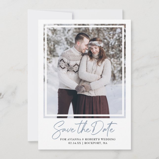 Dusty Blue Text and Photo Save The Date (Front)