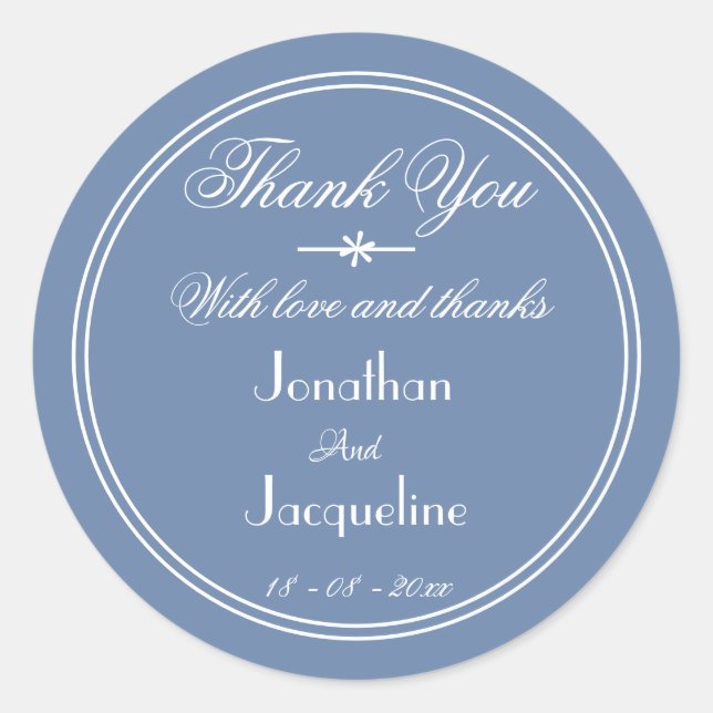 Dusty Blue Thank You Script Names Rustic Wedding  Classic Round Sticker (Front)