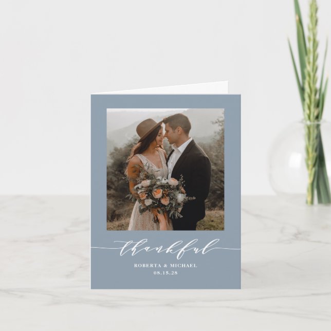 Dusty Blue Thankful Script Wedding Folded Thank You Card (Front)