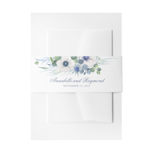 Dusty Blue Thistle and Anemone Floral Wedding Invitation Belly Band (Front Example)
