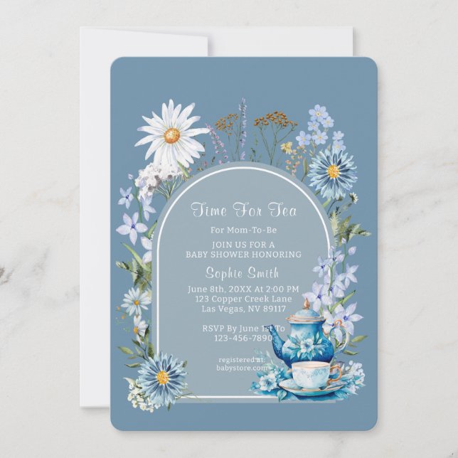 Dusty Blue Time For Tea Baby Shower  Invitation (Front)