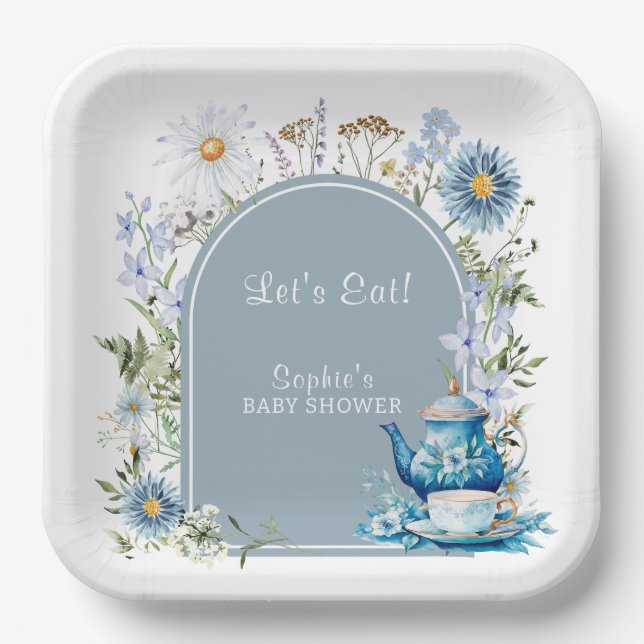 Dusty Blue Time For Tea Boho Garden Baby Shower  Paper Plate (Front)