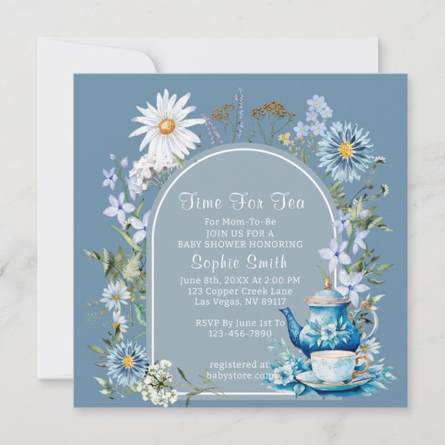 Dusty Blue Time For Tea Wildflower Baby Shower  Invitation (Front)
