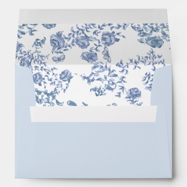 Dusty Blue Toile Chinoiserie Floral Frame Wedding Envelope (Back (Bottom))