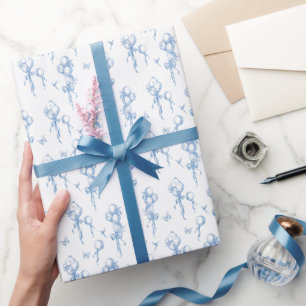 Dusty Blue Toile Elegant Balloon Baby Boy Wrapping Paper