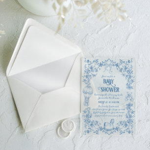 Dusty Blue Toile Floral Bow Baby Boy Shower Acrylic Invitations