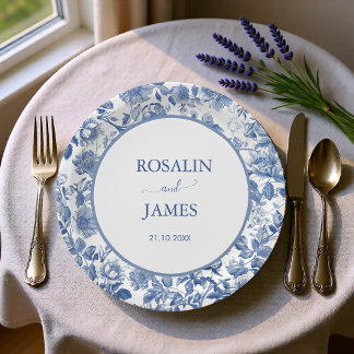 Dusty Blue Toile Floral Personalized Wedding Paper Plate