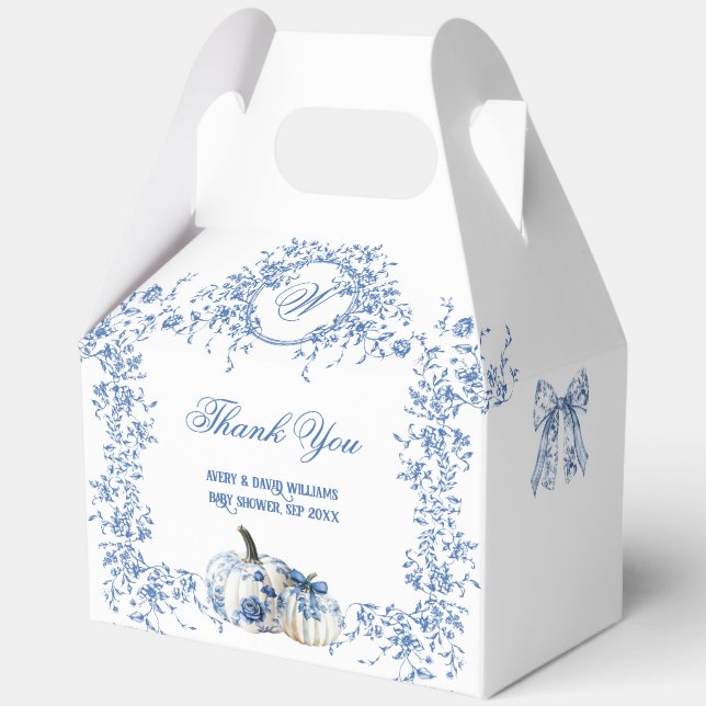 Dusty Blue Toile Floral Pumpkin Boy Baby Shower Favour Box (Front)