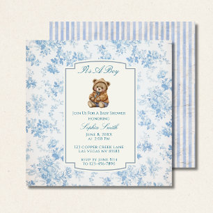Dusty Blue Toile Floral Vintage Teddy Bear Square Invitation