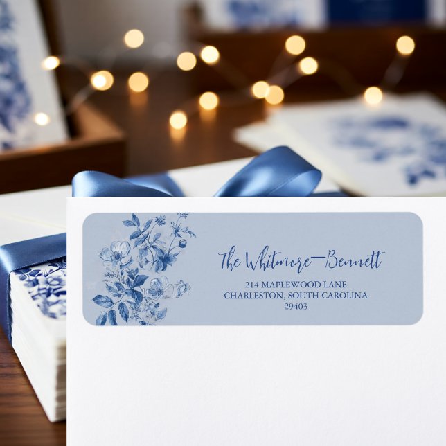 Dusty Blue Toile Floral Wedding Return Address  (Dusty Blue Toile Floral Wedding Return Address Label)