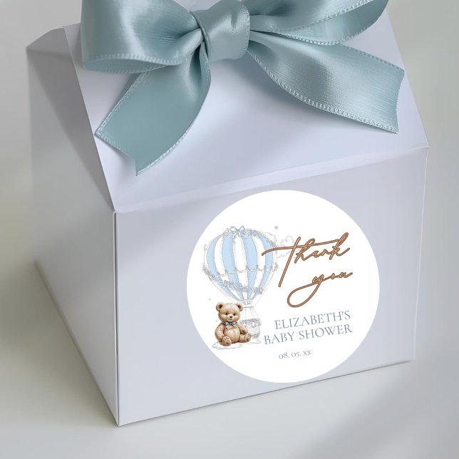 Dusty Blue Toile Hot Air Balloon Bear Thank You Classic Round Sticker (Creator Uploaded)