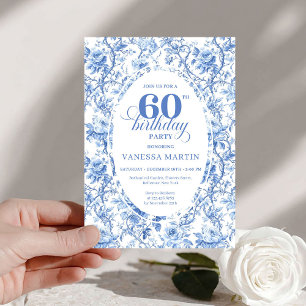 Dusty Blue Toile Roses 60th Birthday Digital Invitation