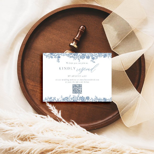 Dusty Blue Toile Roses Elegant QR Wedding Response (dusty blue wedding rsvp qr toile de jouy chinoiserie french vintage floral frame formal traditional )