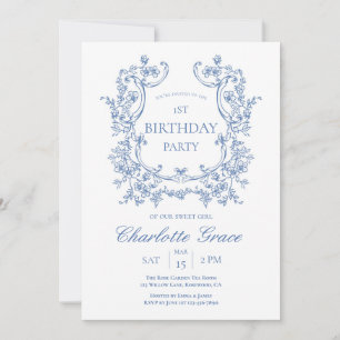Dusty Blue Toile Vintage Monogram Birthday Invitation