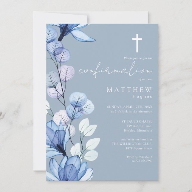 Dusty Blue Transparent Floral Confirmation Invitation (Front)