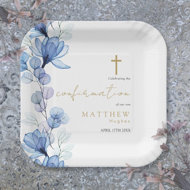 Dusty Blue Transparent Floral Confirmation Paper Plate (Dusty Blue Transparent Floral Confirmation Paper Plates)
