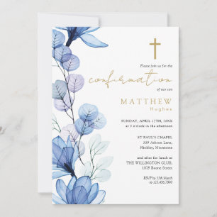 Dusty Blue Transparent Floral Gold Confirmation Invitation