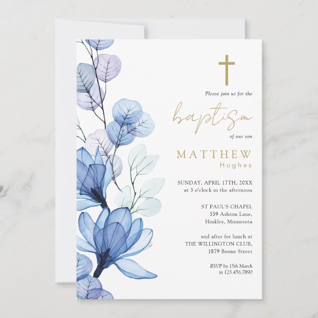 Dusty Blue Transparent Floral Monogram Baptism Invitation (Front)
