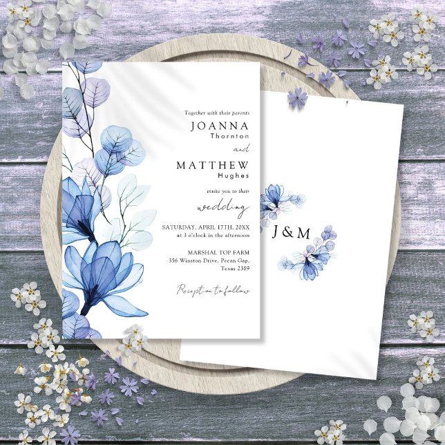 Dusty Blue Transparent Floral Monogram Wedding Invitation (Dusty Blue Transparent Floral Monogram Wedding Invitation)