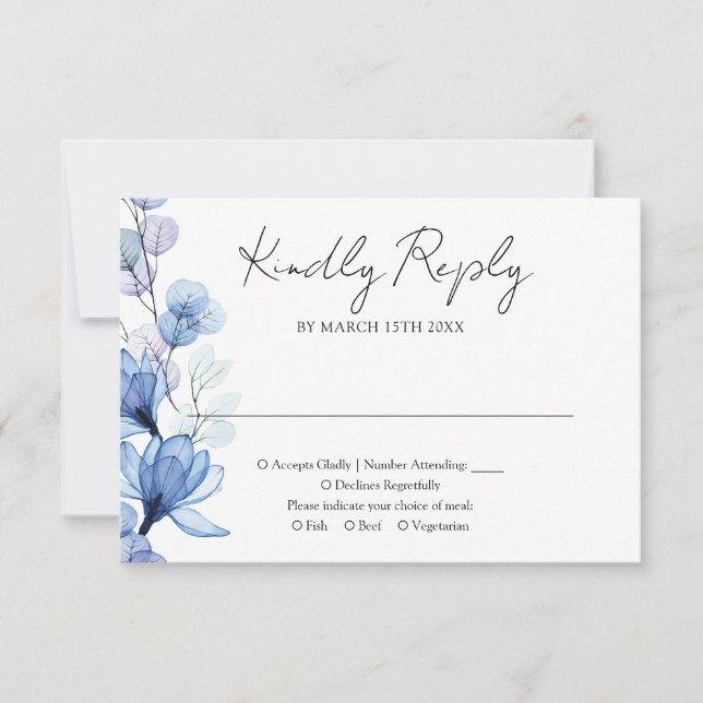 Dusty Blue Transparent Floral Monogram Wedding RSVP Card (Front)