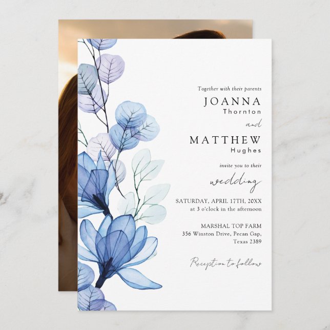 Dusty Blue Transparent Floral Photo Wedding Invitation (Front/Back)