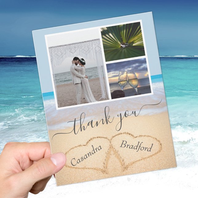 Dusty Blue Tropical Beach Hearts in Sand Wedding Thank You Card (Creator Uploaded)