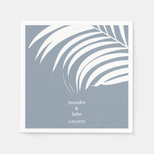 Dusty Blue Tropical Palm Leaves Elegant Wedding Napkin