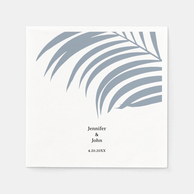 Dusty Blue Tropical Palm Leaves Trendy Wedding Napkin (Front)