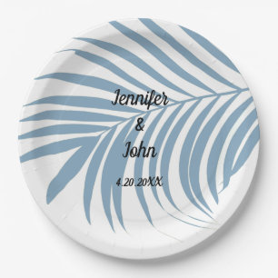 Dusty Blue Tropical Palm Tree Leaf Cute Wedding Paper Plate
