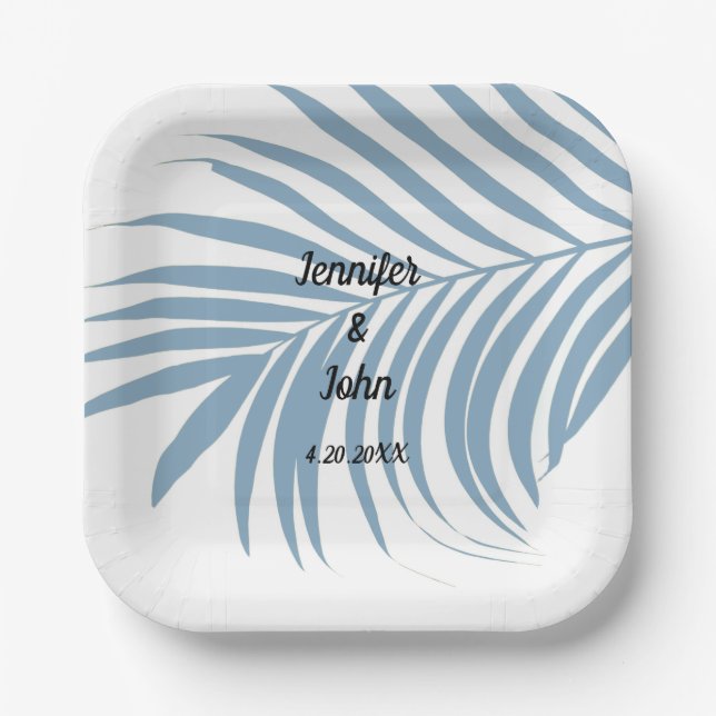 Dusty Blue Tropical Palm Tree Leaf Cute Wedding Paper Plate (Front)
