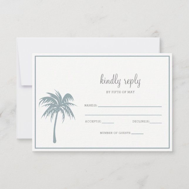 Dusty Blue Tropical Palm Tree Wedding rsvp Card (Front)