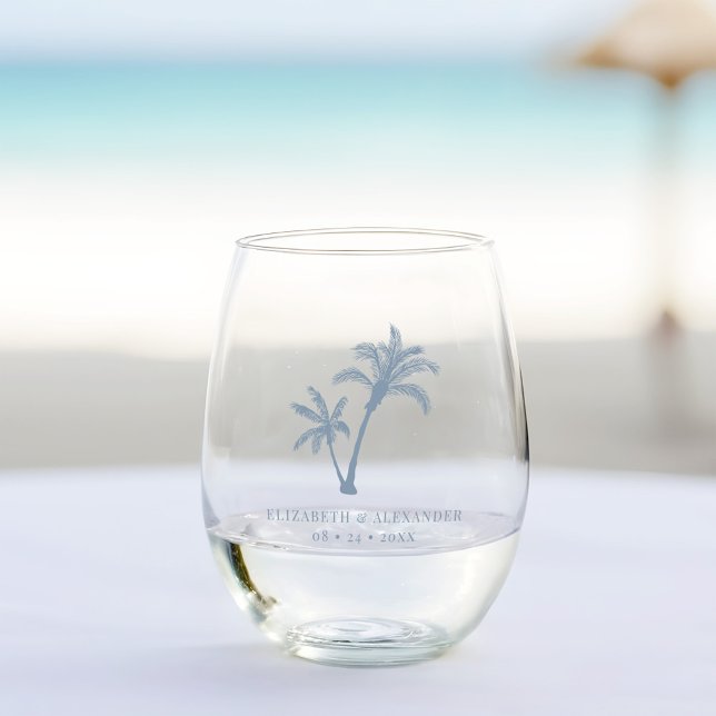 Dusty Blue Tropical Palm Trees Beach Wedding Stemless Wine Glass (Creator Uploaded)