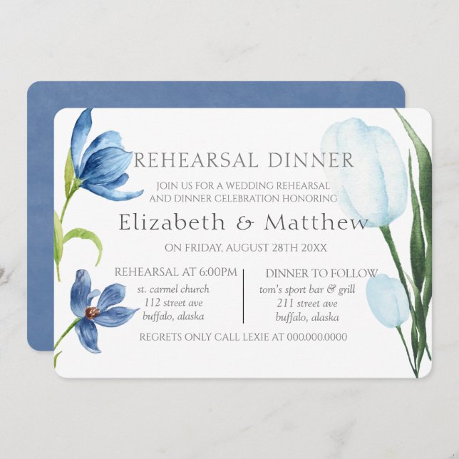 Dusty Blue Tulip Watercolor Peony Rehearsal Dinner Invitation (Front/Back)