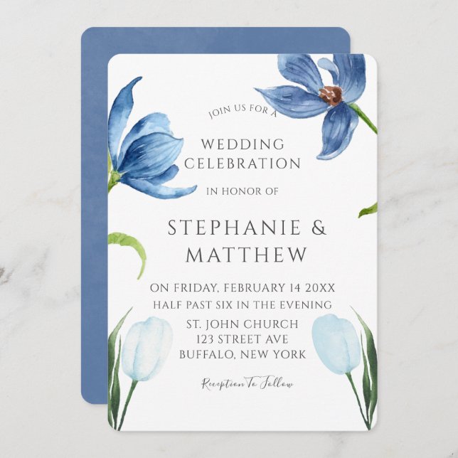 Dusty Blue Tulip Watercolor Peony Wedding Invitation (Front/Back)