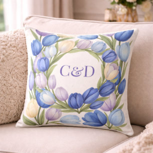 Dusty Blue Tulip Wreath Bride Groom Pillow
