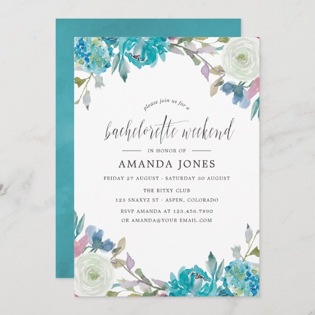 Dusty Blue & Turquoise Floral Bachelorette Weekend Invitation (Front/Back)