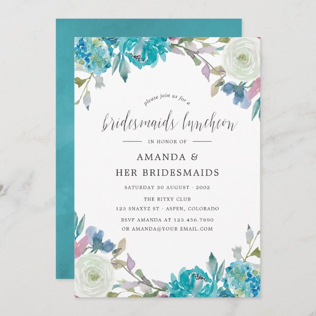 Dusty Blue & Turquoise Floral Bridesmaids Luncheon Invitation (Front/Back)